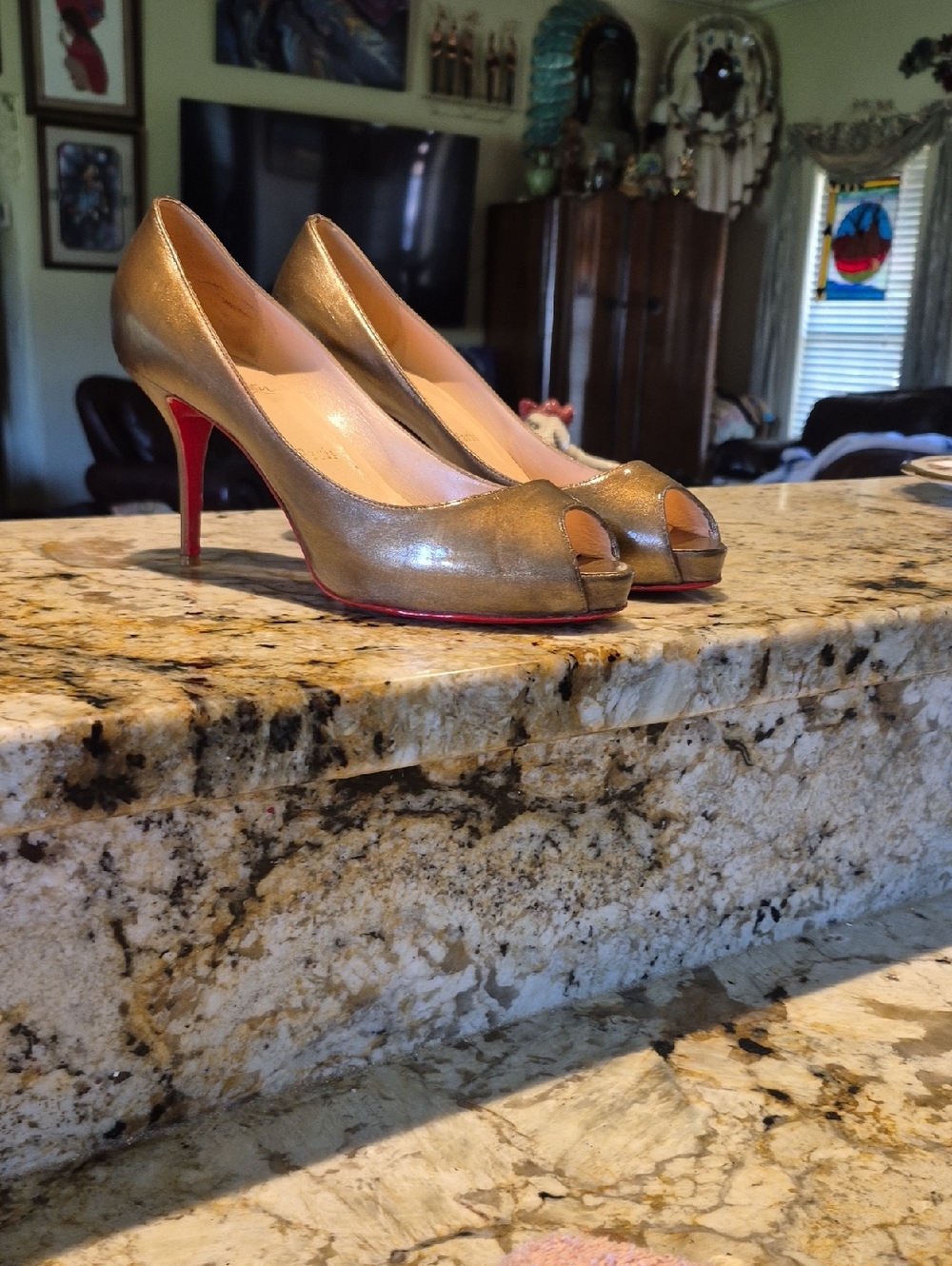 Christian Louboutin Mater Claude Bronzo 85 Calf  Peep-Toe  Heels Sz 38. - Picture 4 of 16